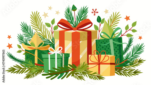 Vector art of a festive arrangement of wrapped gifts with ribbons and bows, surrounded by evergreen branches and decorative stars