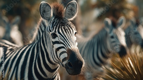 Striking portrait of a zebra with distinctive black and white stripes in savanna