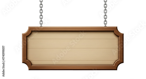 Wooden hanging sign with metal chains on black background