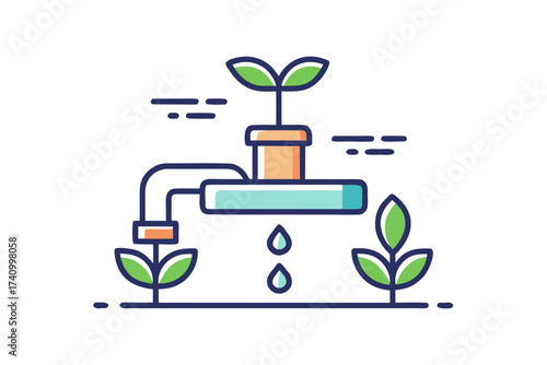 Drip irrigation pipe icon with tiny growing plant
