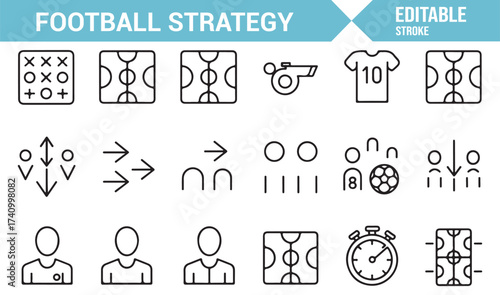 Outline vector soccer icons pack with whistle, shirt, and stopwatch designs