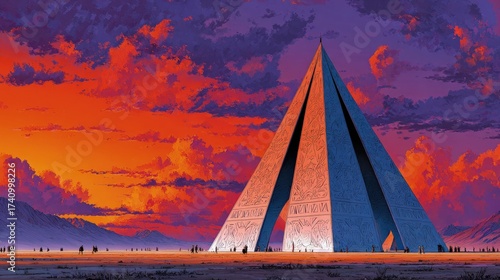 Digital Pyramid Structure At Colorful Sunset Landscape