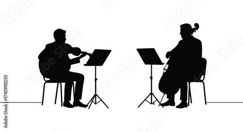 Silhouette duo classical musicians playing violin and cello instruments in harmony on stage