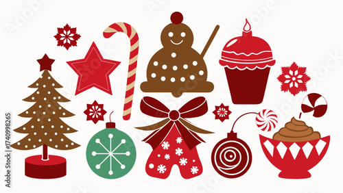 Vector art of festive christmas elements, vector illustration of christmas tree, star, candy cane, gingerbread man, and other holiday decorations