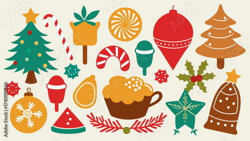 Vector art of colorful christmas elements, vector illustration of christmas tree, candy cane, cupcake, ornament, and other holiday decorations