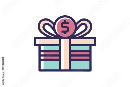 Gift box icon with ribbon and currency decoration