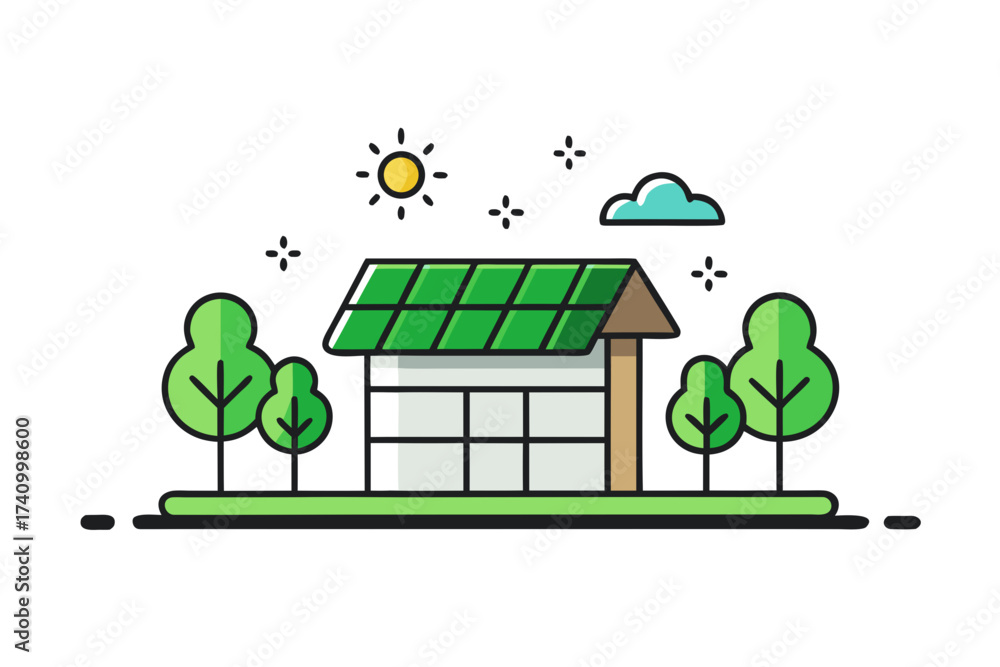 Fototapeta premium Green roof with solar panels and small tree elements