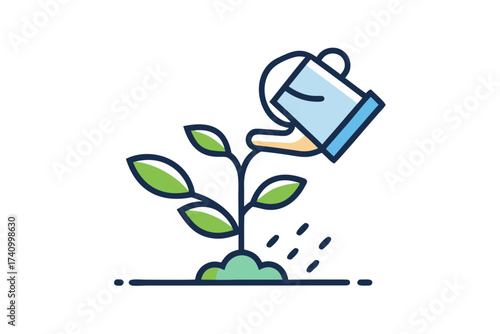Hand watering seedling with thin water droplet lines