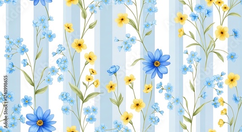 Seamless floral pattern with blue and yellow flowers on a striped background