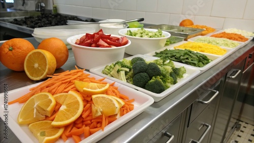 Chef’s countertop scene with neatly prepared ingredients carrots, peppers, broccoli, and oranges ready for a fresh salad.
