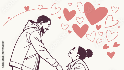 A loving father gently kneels down to his joyful daughter surrounded by floating hearts symbolizing their deep affection