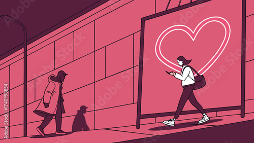 Young woman with backpack engrossed in her smartphone walks past a large glowing heart advertisement on a city street