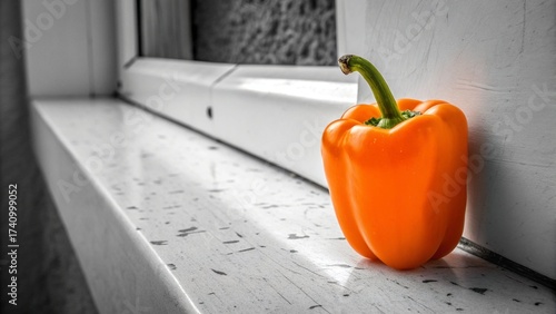 Minimalist composition of a single fruit or vegetable (e.g., a bright orange bell pepper) placed dramatically against a monochrome backdrop.