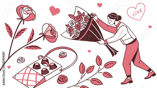 Romantic valentine s day scene with a person arranging a bouquet of roses and a box of chocolates surrounded by hearts