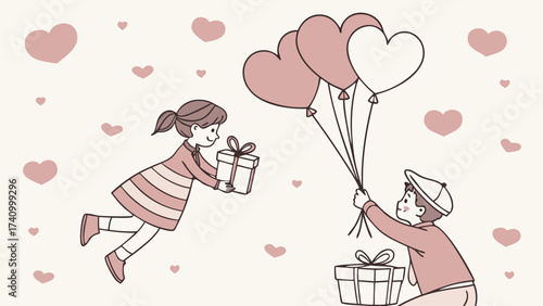 Two children sharing gifts and balloons in a heartwarming scene celebrating love and friendship with a soft pink heart background