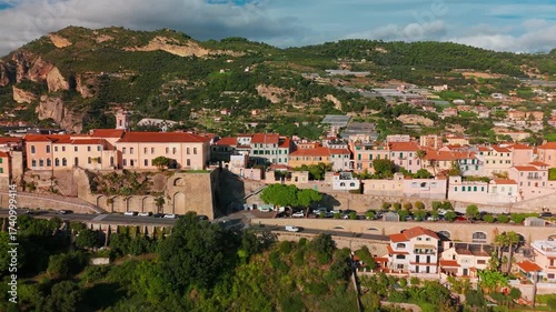 Aerial view of the Ventimiglia resort town, province of Imperia, Liguria, Italy
