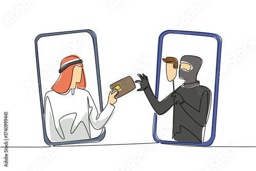 Continuous one line drawing arab man gets out of smartphone and hands over credit card to a thief. Tricking the victim. National Senior Fraud Awareness Day. Single line draw design vector illustration