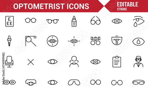 Linear vector icons showing optometry tools, glasses, and vision test charts