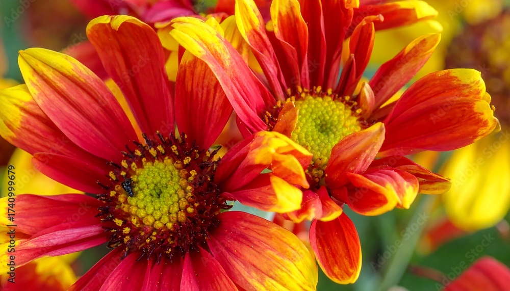 Fototapeta premium Close-up view of vibrant, red and yellow layered petals around a green center. Focus on intricate details of floral patterns in bright sunlight