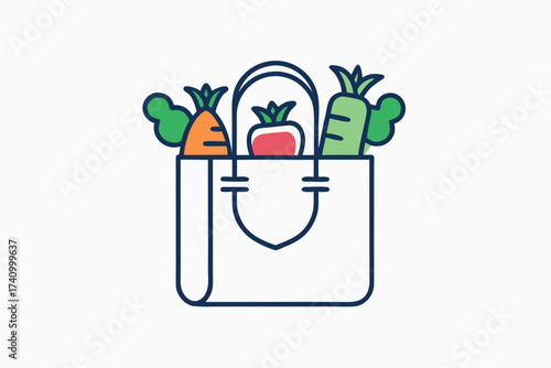 Reusable grocery tote icon with vegetables peeking out