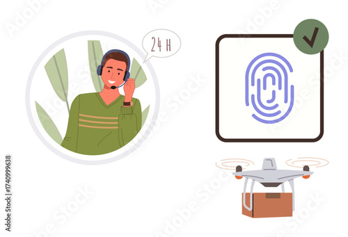 Person with headset and speech bubble, fingerprint scan with approval sign, quadcopter carrying box. Ideal for customer service, security, delivery, communication, support logistics technology. A