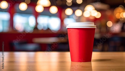 Close-up of a red paper cup with a white lid, resting on a wooden table. Blurred background of a cafe