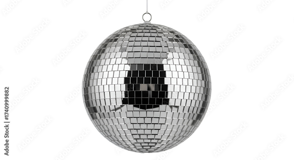 Fototapeta premium Silver Disco Ball Hanging and Reflecting Light graphic