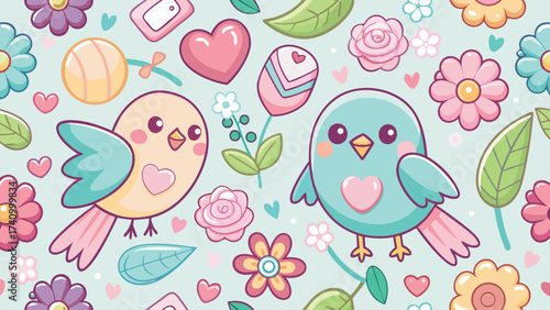 Adorable kawaii style birds surrounded by flowers hearts and leaves on a light green patterned background