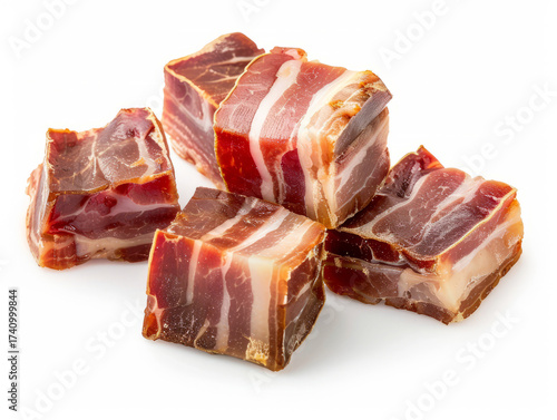 Cubes of Italian cured pancetta bacon isolated on white