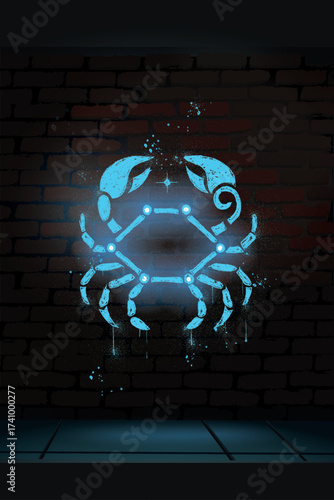 Crab Signal: Cancer Rises	A glowing blue crab silhouette styled as a constellation spreads its segmented limbs across a dark brick wall. Star points and connecting lines form the Cancer zodiac symbol
