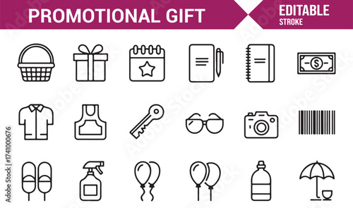Editable stroke corporate gift vector icons set for business promotion themes