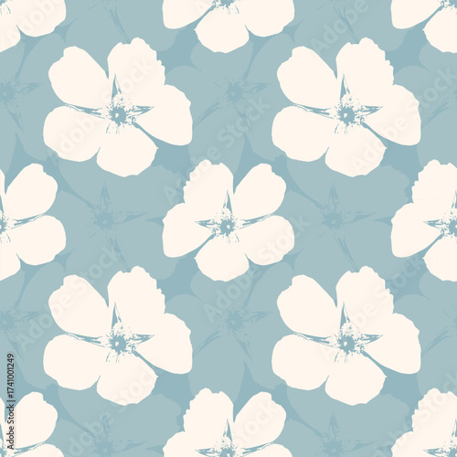 Flowers pattern in pastel colors on light blue background. Silhouette imprint rose hip flowers. Textile.