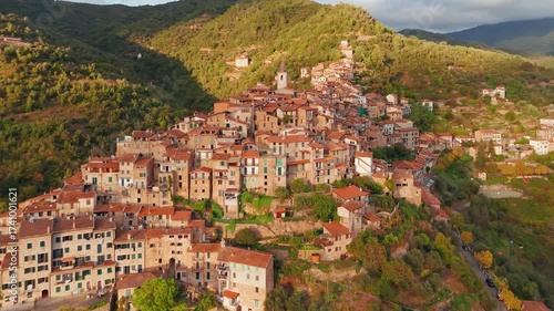 Aerial view of the picturesque hilltop town of Apricale, Liguria, Northern Italy