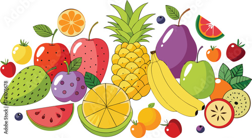 Vibrant assortment of fresh tropical and common fruits arranged in a lively composition on a white background