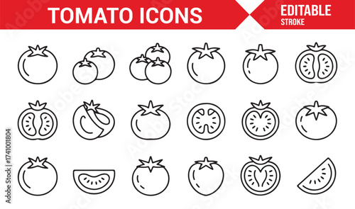 Minimal tomato icon collection showing fruit, seeds, and slices for food design