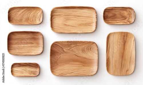 set of wooden plates, rectangular and oval-shaped wooden plates isolated on a white background, top view, Generative AI.