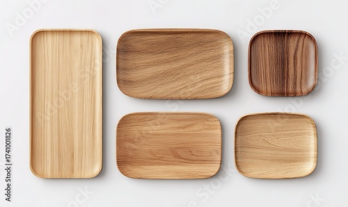 set of wooden plates, rectangular and oval-shaped wooden plates isolated on a white background, top view, Generative AI.