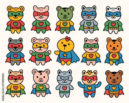 Cute superhero animal doodle vector characters with capes for children cartoon art