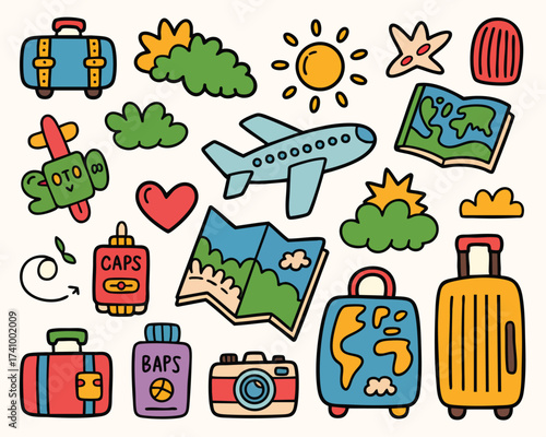 Airplane luggage and travel accessories doodle vector for vacation adventure design