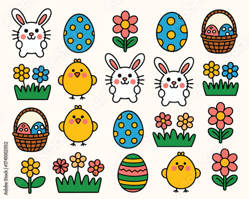 Easter egg bunny and chick vector doodle art for festive spring decoration
