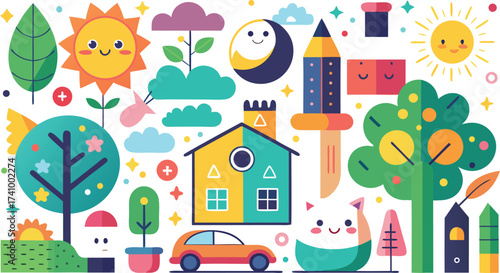 Whimsical cartoon collection of cute elements featuring a house sun moon rocket tree and car for children s designs