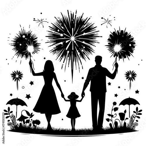 Happy family walking together silhouette
