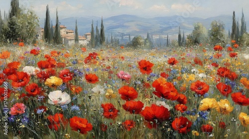 Colorful Poppy Field Meadow Landscape Painting