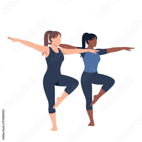 illustration of two women doing gymnastics together. isolated on a white background.
