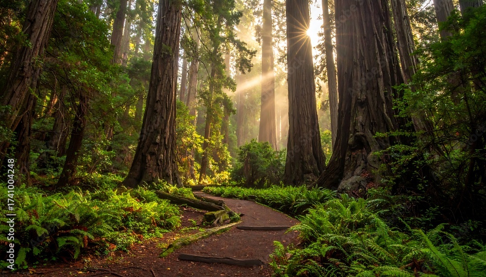 Fototapeta premium Sunlight streams through a lush forest, illuminating a winding path amidst towering trees and vibrant greenery
