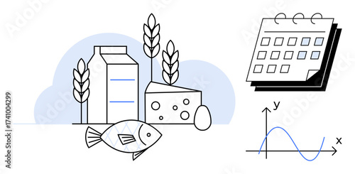Milk carton, cheese, egg, fish, wheat, calendar, and graph reflect food nutrition, meal planning and health optimization. Ideal for diet agriculture data analysis health food cycle time