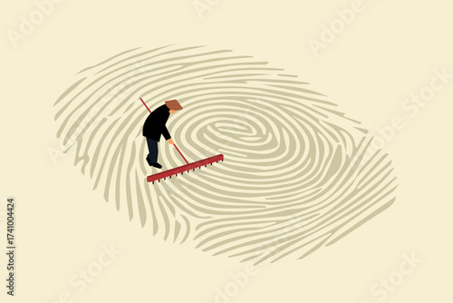 A farmer with hat working with rake tool in fingerprint shape field, privacy identification illustration