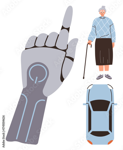 Robotic hand pointing upwards next to an elderly woman with a cane and a car. Ideal for AI, elder care, technology, mobility aid, safety, autonomy, innovation. A simple flat metaphor