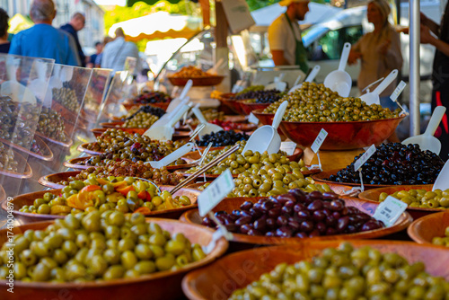 Olive selection on sale at a weekly market in the South of France