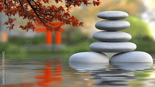 Balanced stones in water garden with torii gate and autumn leaves